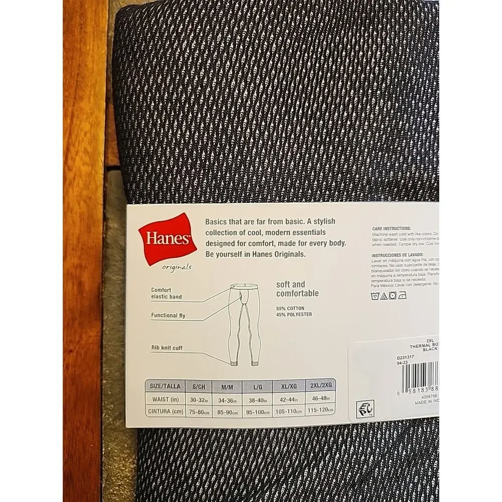 Hanes Originals Thermal Pant Tagless XXL Black Comfort Elastic Functional Fly